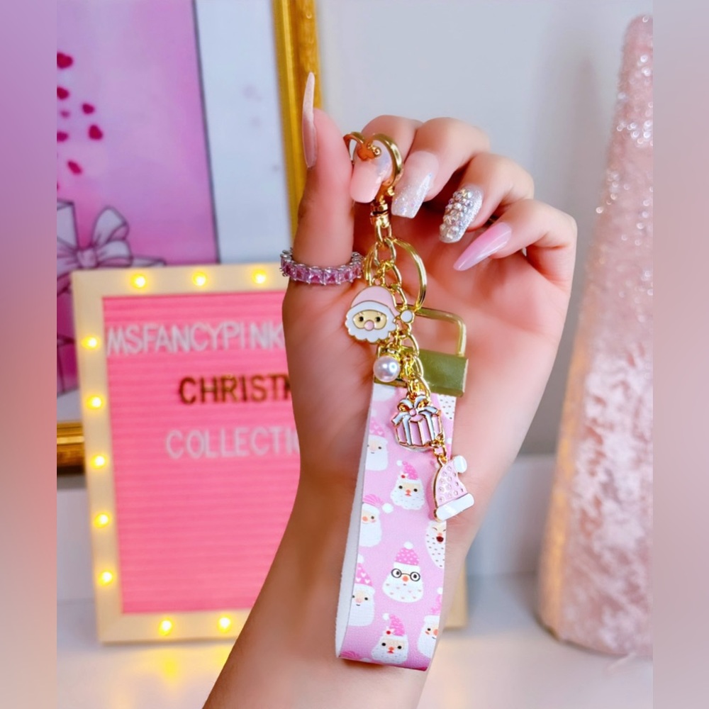 Pink Santa Handmade Mini wristlet Keychain